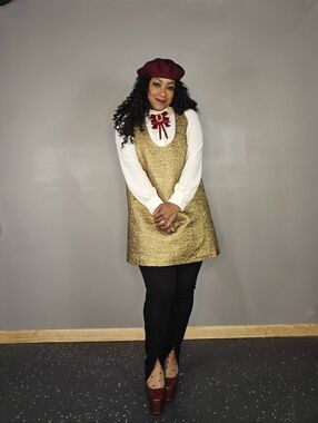 H&M Edition Metallic Gold Textured Mod Shift Dress SZ LG